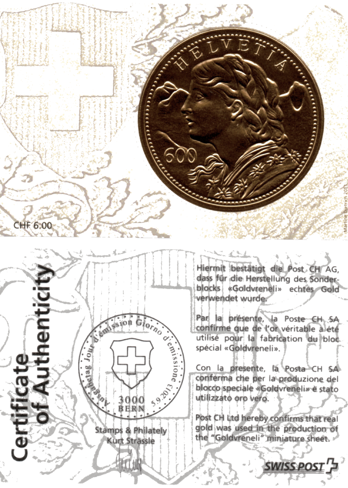 Goldvreneli – Swiss Post Certificate of Authenticity (2013)